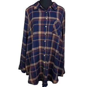 Torrid Navy and Brown Plaid Button Down Shirt Size 1